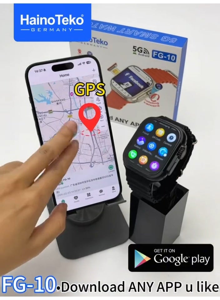 هينو تيكو ساعة هاينو تيكو FG-10 الذكية بنظام أندرويد 5G، مزودة بفتحة لبطاقة SIM وكاميرا دوارة ودعم متجر جوجل بلاي، مصممة للرجال والنساء، باللون الأسود. - Image 5